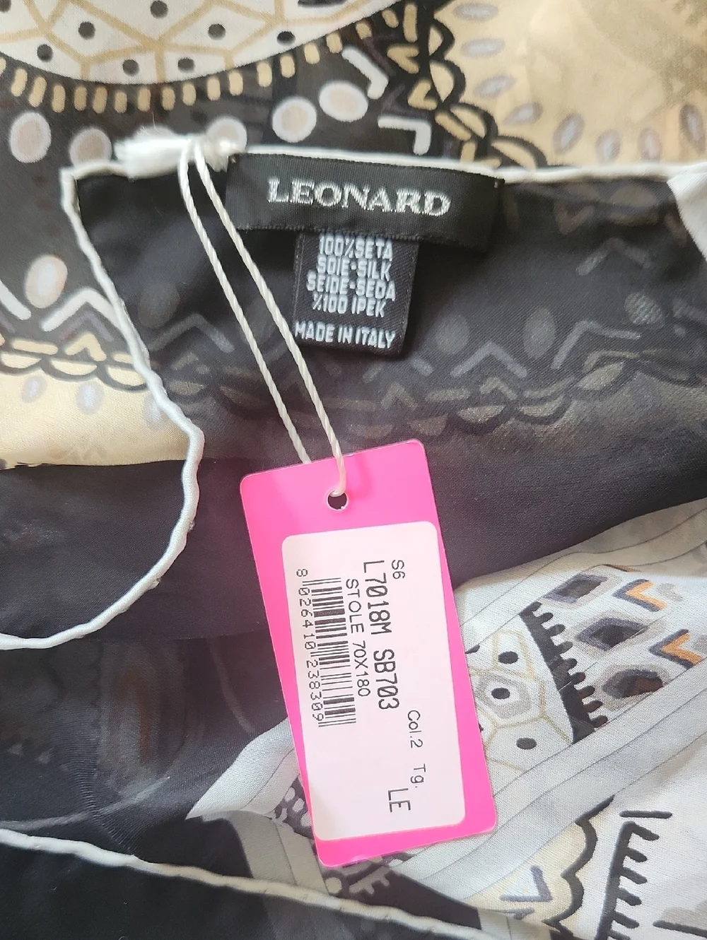 Leonard Paris Paisley Sheer Silk Scarf/Shawl in Black and Cream 70x180 cm